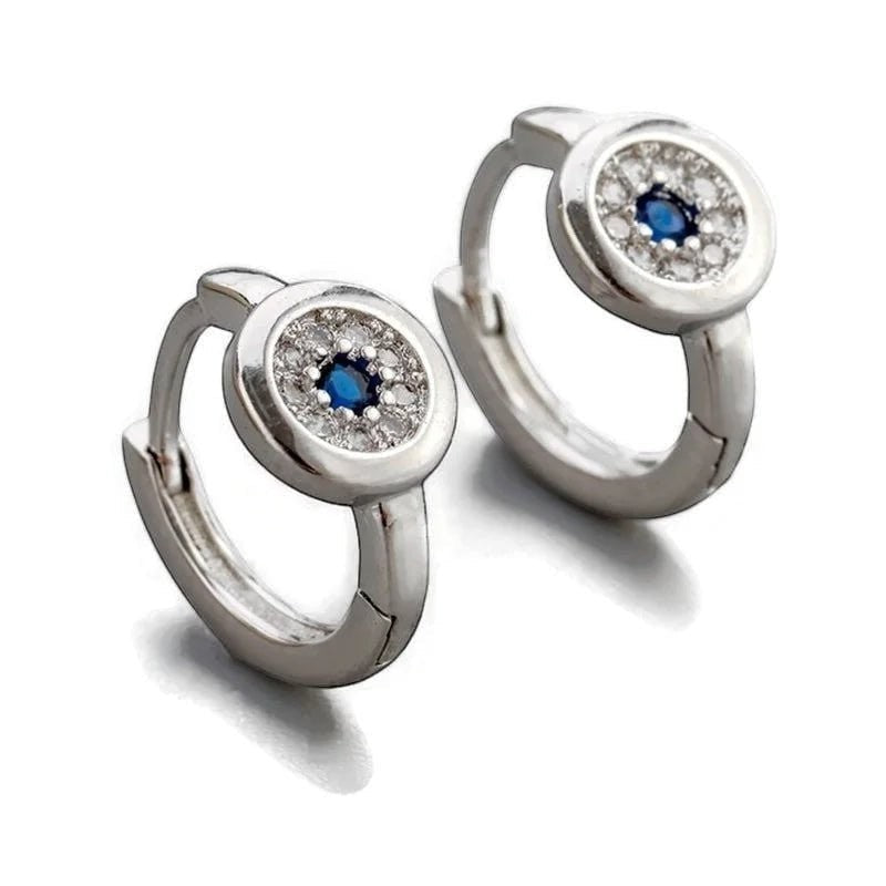 Aramat Jewels silver hoop earrings with blue and clear cubic zirconia, 12mm diameter.