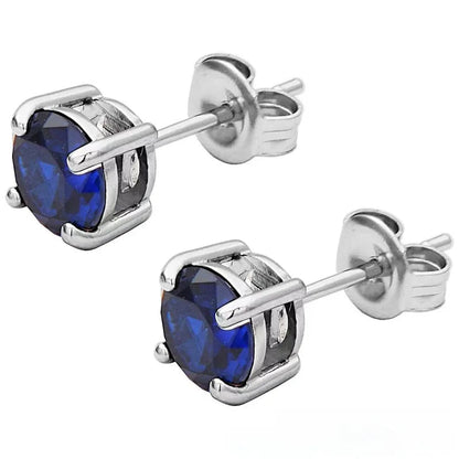Aramat Jewels silver-tone stainless steel stud earrings with a 6mm blue zirconia stone in a 4-prong setting