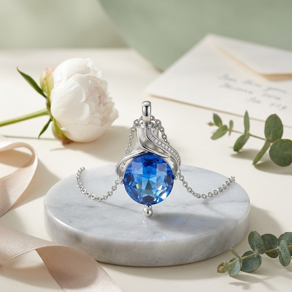 Aramat Jewels silver-tone stainless steel teardrop urn pendant with blue cubic zirconia and diamond accents.