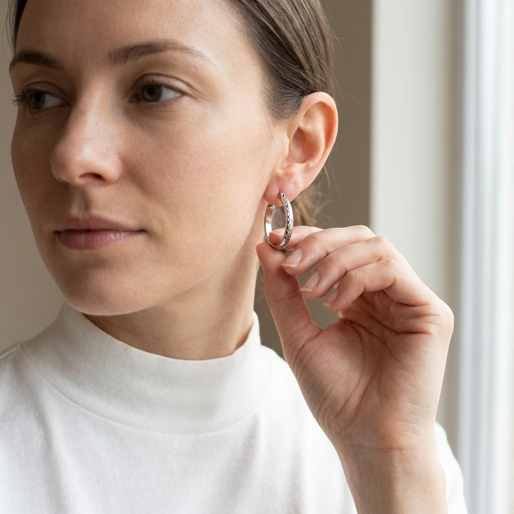 Aramat Jewels silver-tone stainless steel hoop earrings with a 30mm diameter and a subtle checkered pattern.