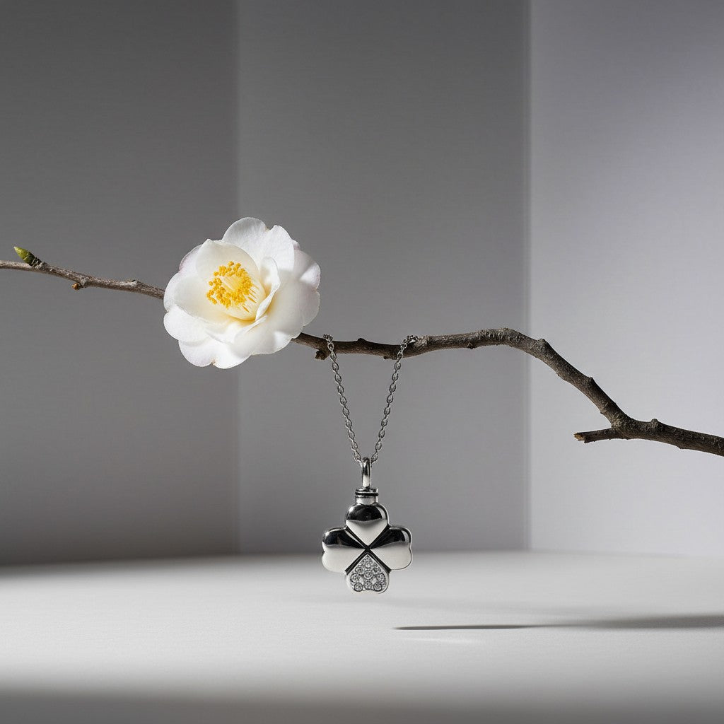 Aramat Jewels silver-tone stainless steel four-leaf clover cremation pendant with clear cubic zirconia detail.