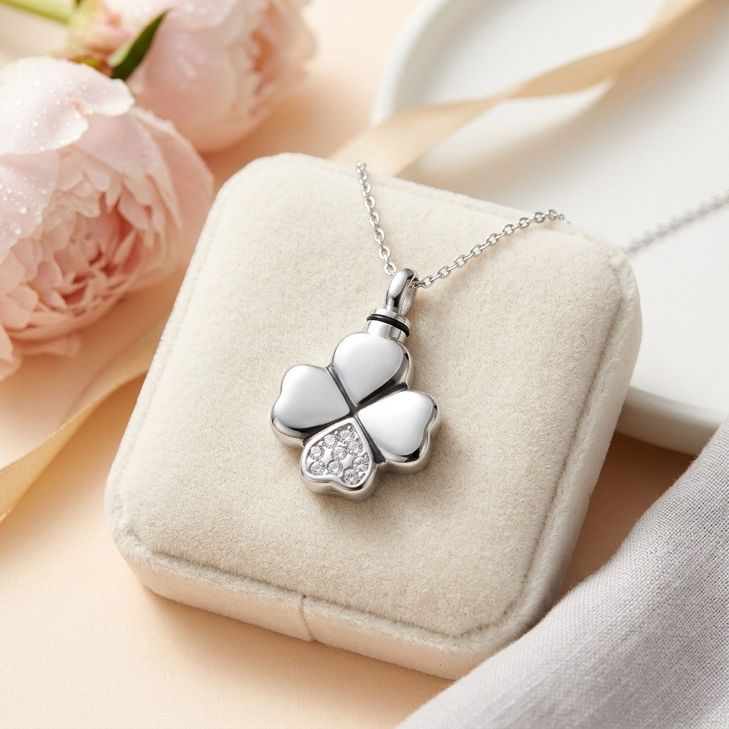Aramat Jewels silver-tone stainless steel four-leaf clover cremation pendant with clear cubic zirconia stones, 30x20mm.