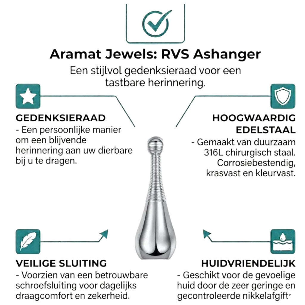 Aramat Jewels silver-colored 316L steel cone-shaped cremation pendant with a rope chain. The pendant has a screw closure and measures 4cm.