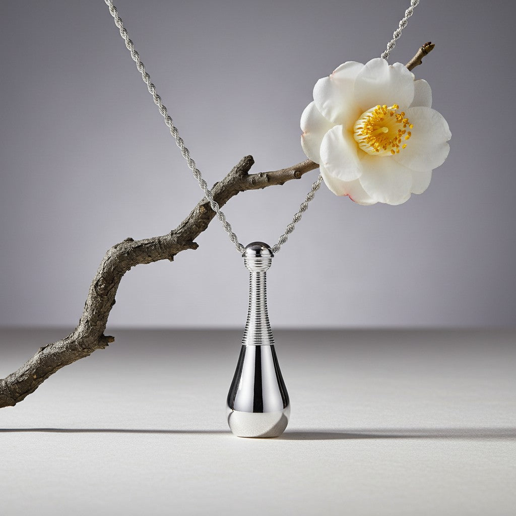 Aramat Jewels silver-colored cone-shaped 316L steel cremation pendant with a rope chain. The pendant has a screw closure and measures 4cm.