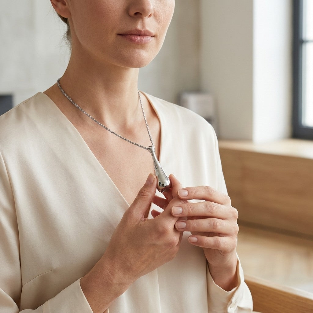 Aramat Jewels silver-colored 316L steel cone urn pendant on a ball chain, worn by a woman.