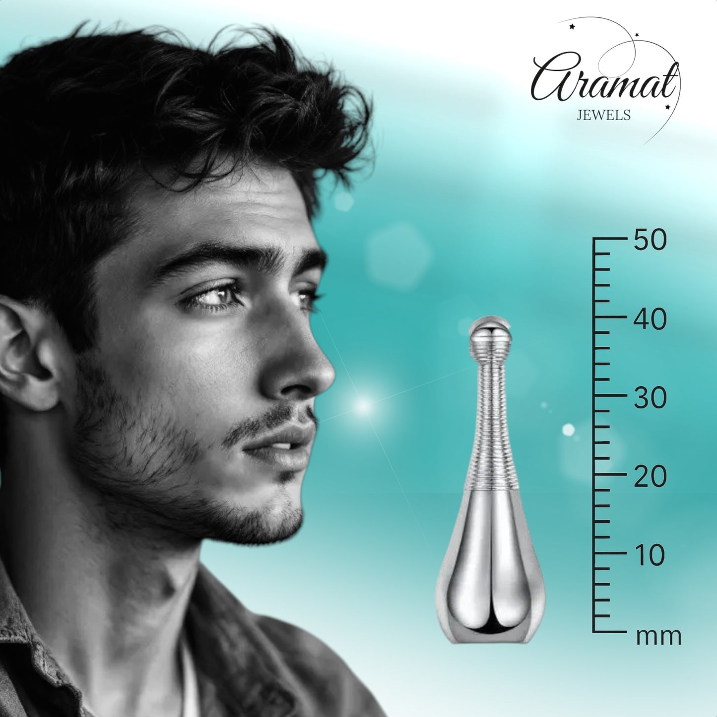 Aramat Jewels silver-colored cone urn pendant made of 316L surgical steel with a beaded chain. Features a secure screw closure.