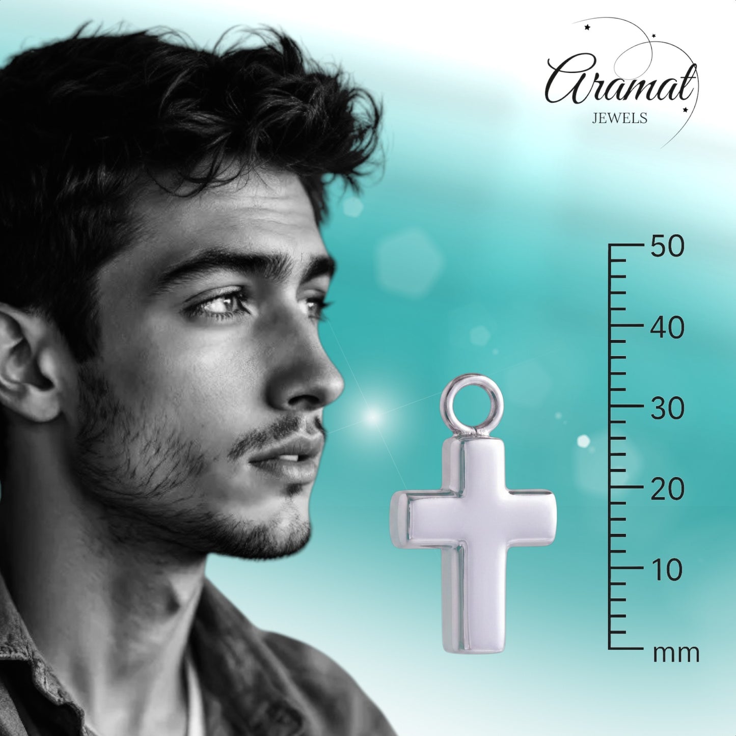 Aramat Jewels silver-colored 316L steel cross cremation pendant, 2x1.5cm, with screw closure for ashes.
