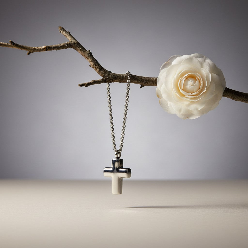 Aramat Jewels silver-colored 316L steel cross cremation pendant, 2x1.5cm, with screw closure for ashes.