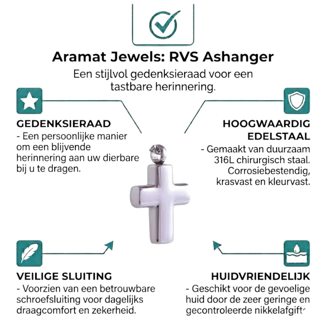 Aramat Jewels silver-colored 316L steel cross cremation pendant, 2x1.5cm, with screw closure for ashes.