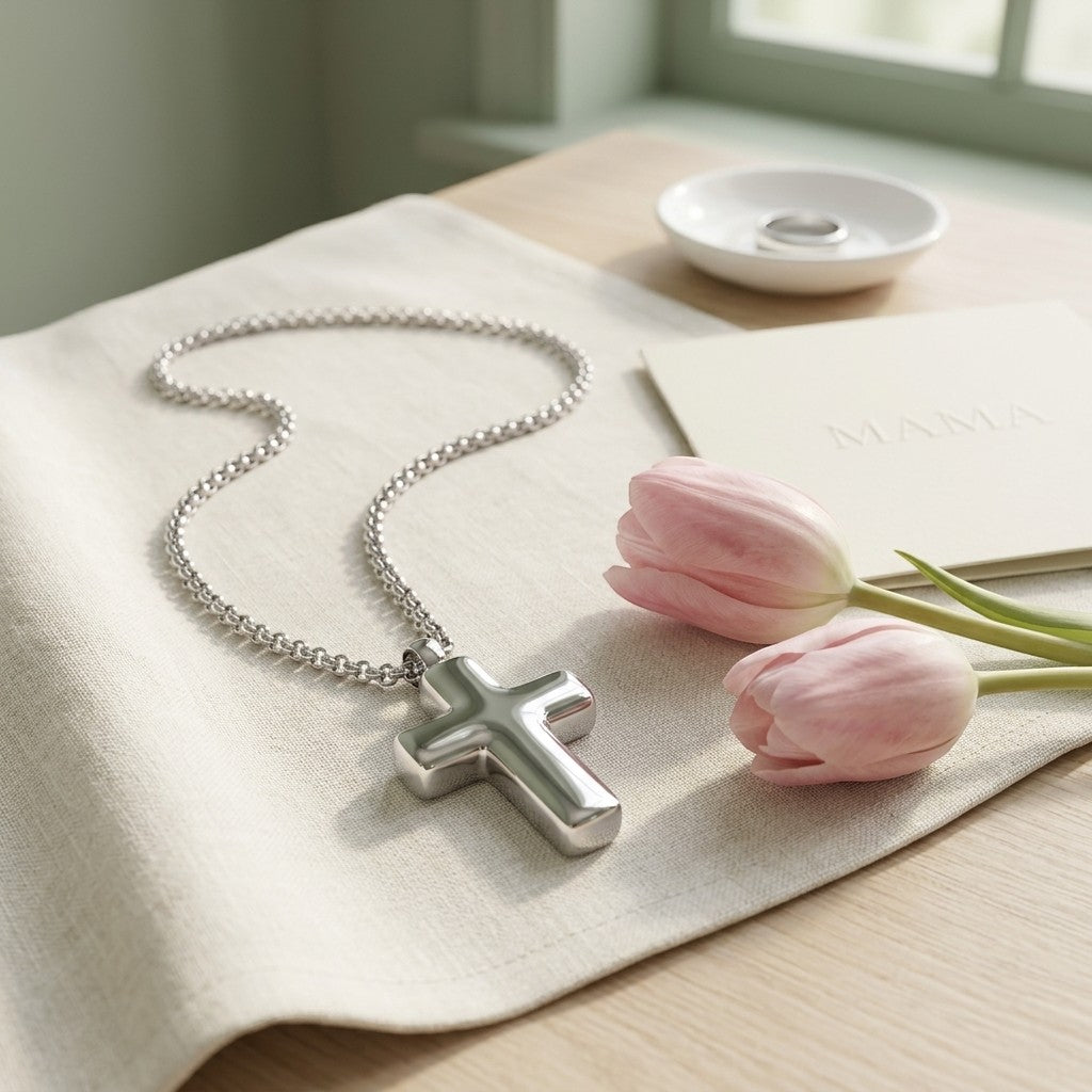 Aramat Jewels silver-colored 316L steel cross cremation pendant on a chain, 2x1.5cm, with pink tulips and a 'Mama' card.