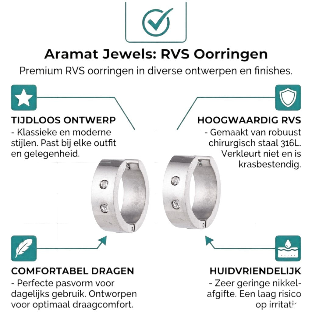 Aramat Jewels wide silver-tone huggie hoop earrings with two clear crystals, 13x7mm, stainless steel.