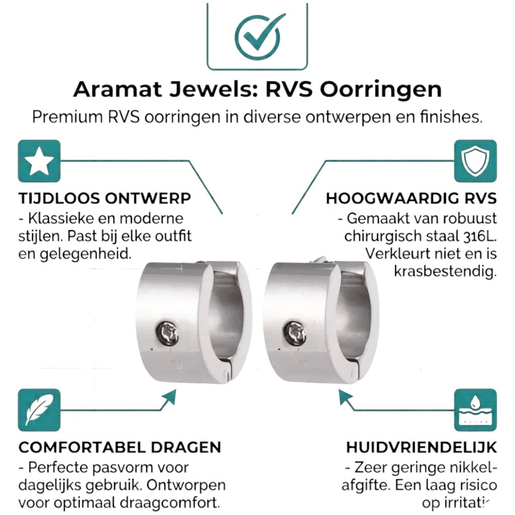 Aramat Jewels silver-tone stainless steel huggie hoop earrings, 13x7mm, featuring a single clear crystal and a hinge closure.