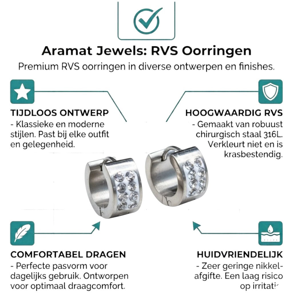 Aramat Jewels silver-tone stainless steel huggie hoop earrings with two rows of clear crystals.