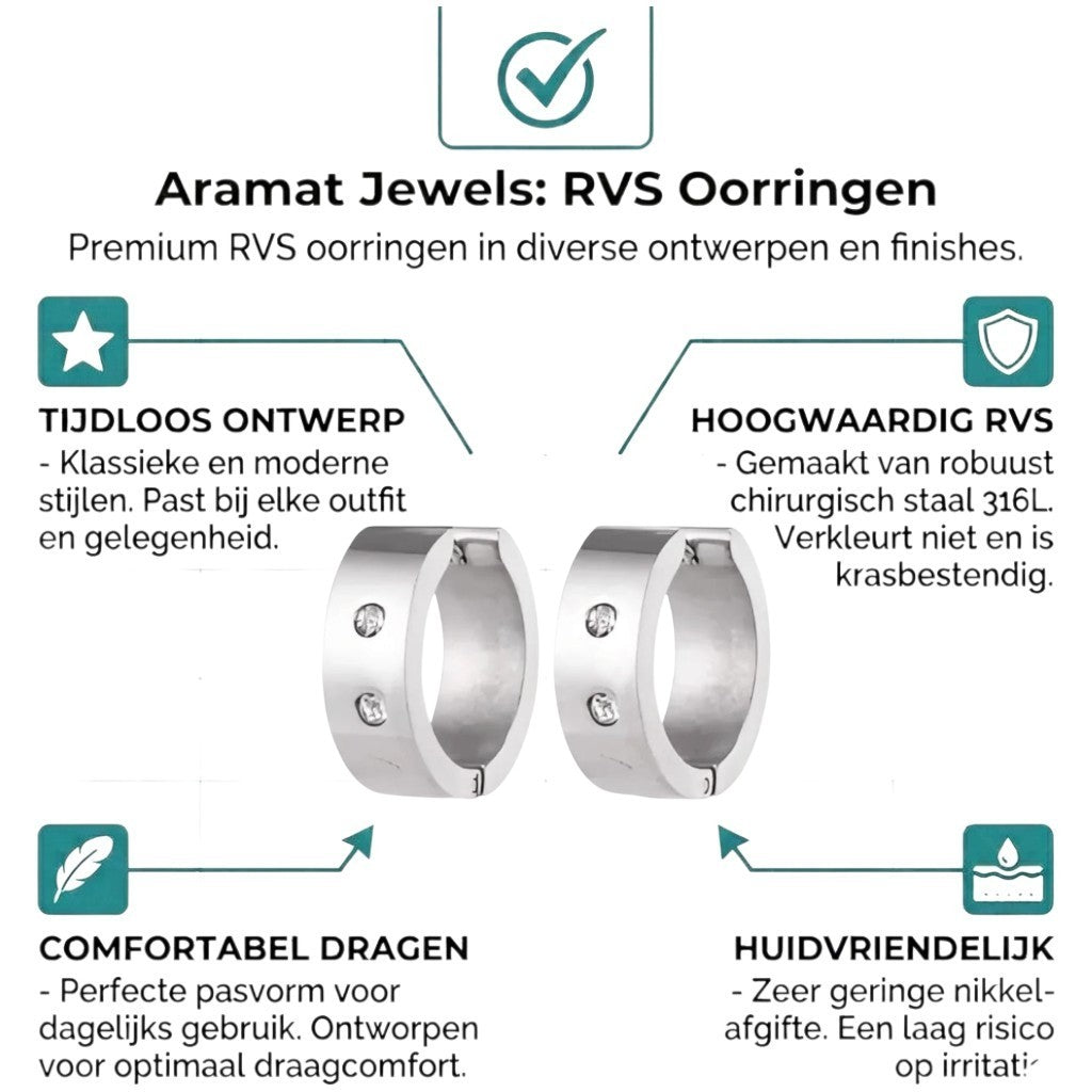 Aramat Jewels wide silver-tone huggie hoop earrings with two clear crystals and a hinge closure.