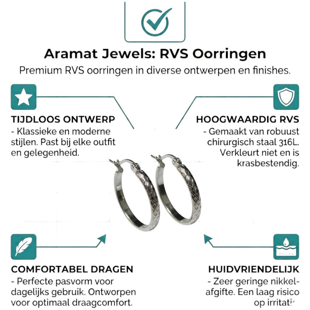 Aramat Jewels silver-tone stainless steel hoop earrings with a diamond pattern texture, 25mm diameter.