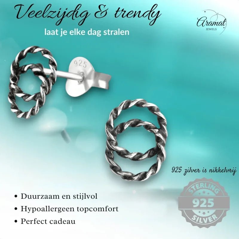 Aramat Jewels 925 sterling silver double circle stud earrings with a twisted rope design and dark oxidized finish.