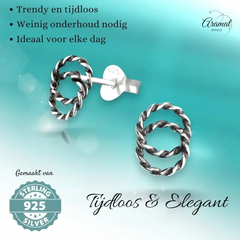 Aramat Jewels 925 sterling silver double circle stud earrings with a twisted rope design and dark oxidized finish.