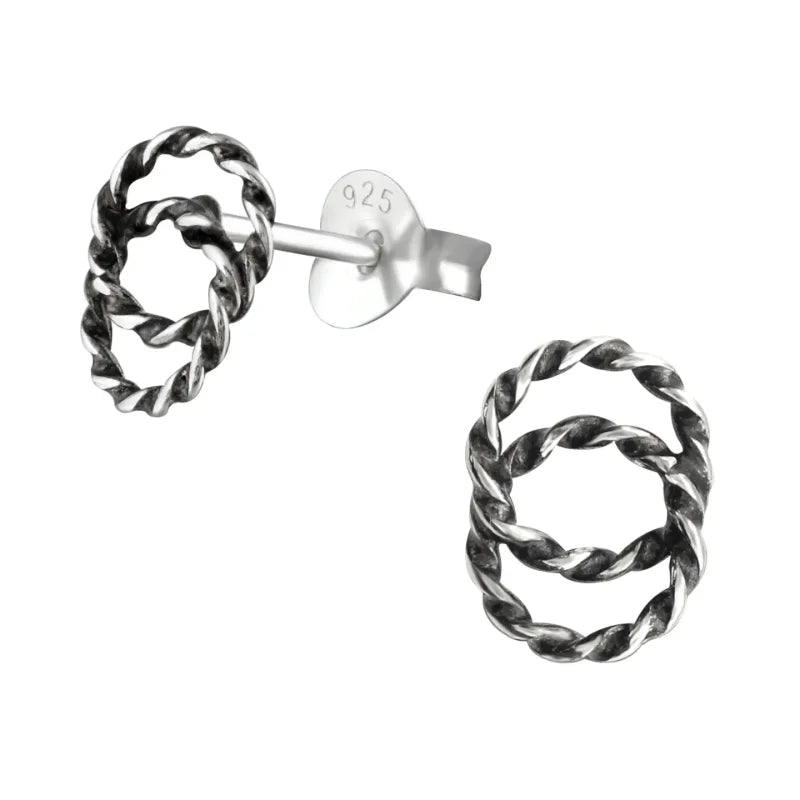 Aramat Jewels 925 sterling silver stud earrings featuring two overlapping circles with a twisted rope design and dark finish