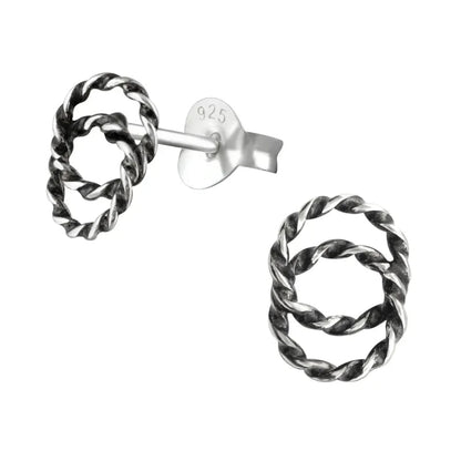 Aramat Jewels 925 sterling silver stud earrings featuring two overlapping circles with a twisted rope design and dark finish