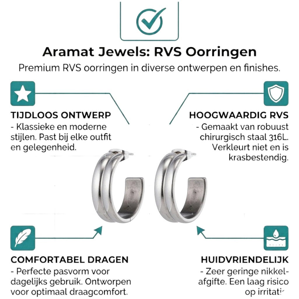 Aramat Jewels silver-tone stainless steel hoop earrings with double line detail, 23mm diameter.