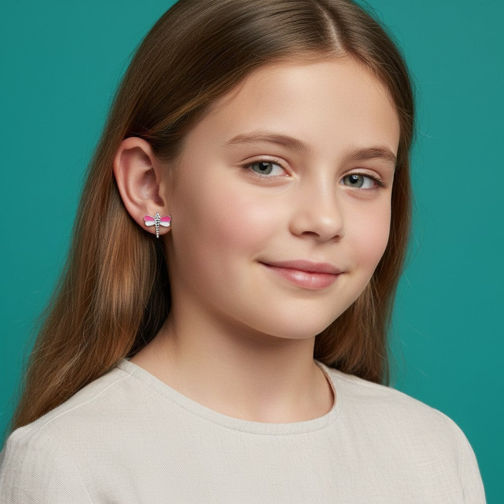 Aramat Jewels sterling silver dragonfly stud earrings with pink and white enamel wings, 10x9mm.