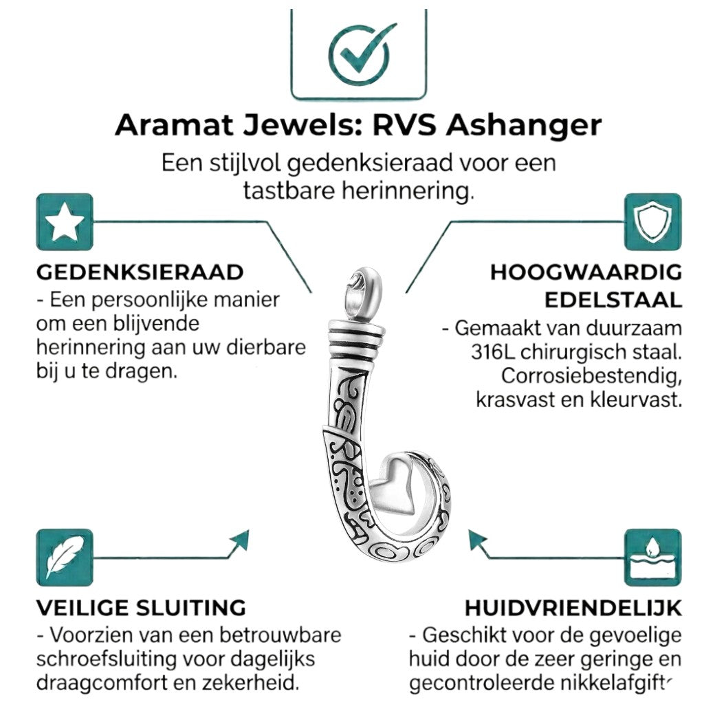 Aramat Jewels silver-tone stainless steel fish hook cremation pendant with black enamel details and a heart cutout.