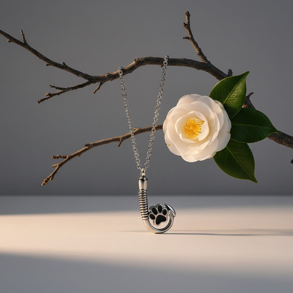 Aramat Jewels silver-tone stainless steel cremation pendant shaped like a fish hook with a black paw print detail.