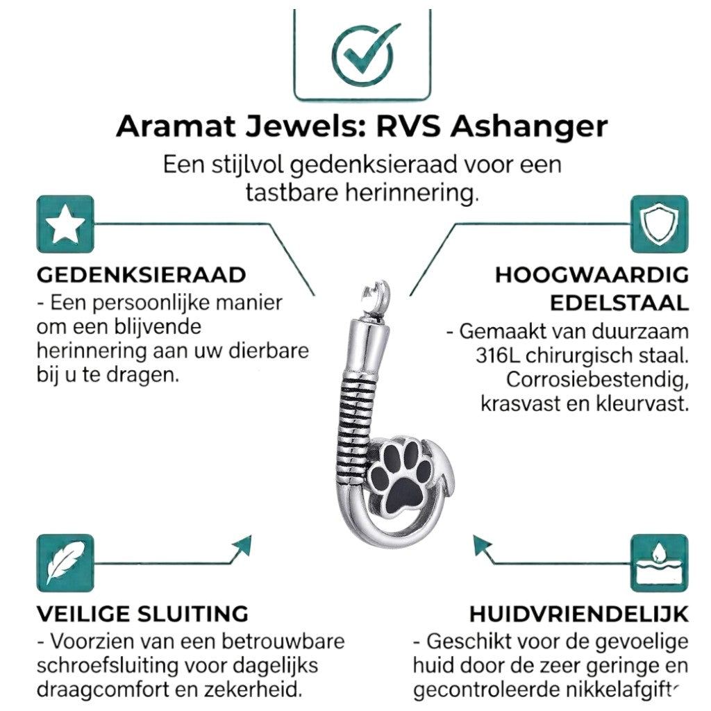 Aramat Jewels silver-tone stainless steel cremation pendant shaped like a fishing hook with a black paw print detail.