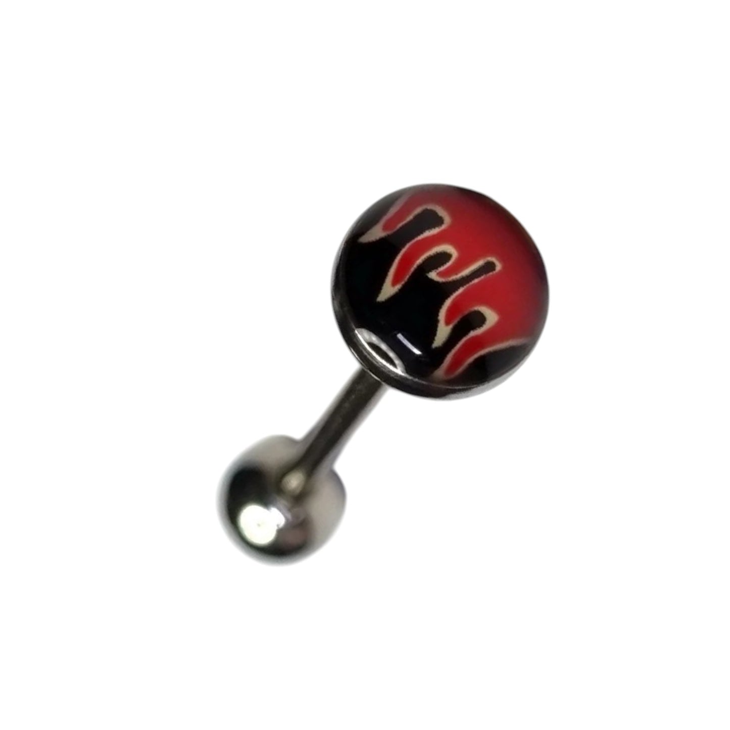 Aramat Jewels silver-tone steel tongue piercing with a black and red flame design.