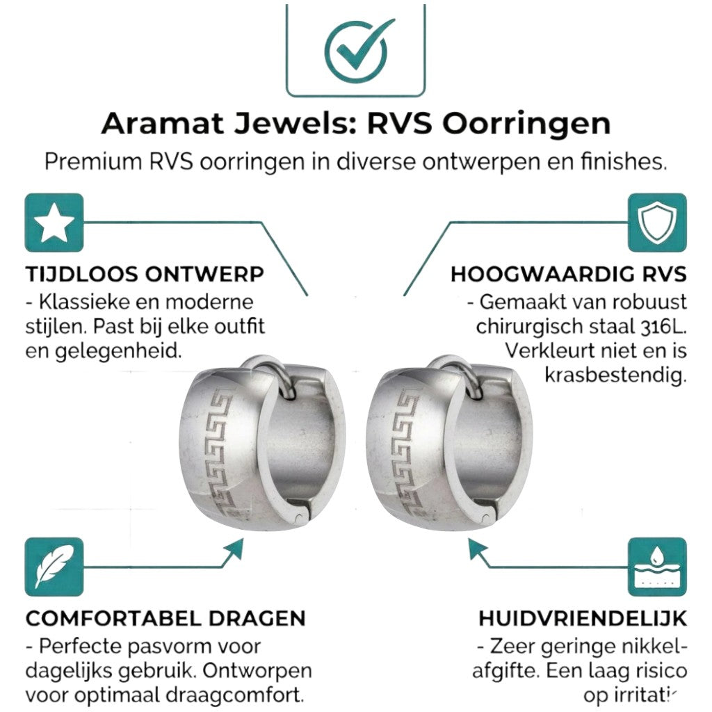 Aramat Jewels silver-colored stainless steel hoop earrings with Greek key motif, 20mm diameter, 7mm width.