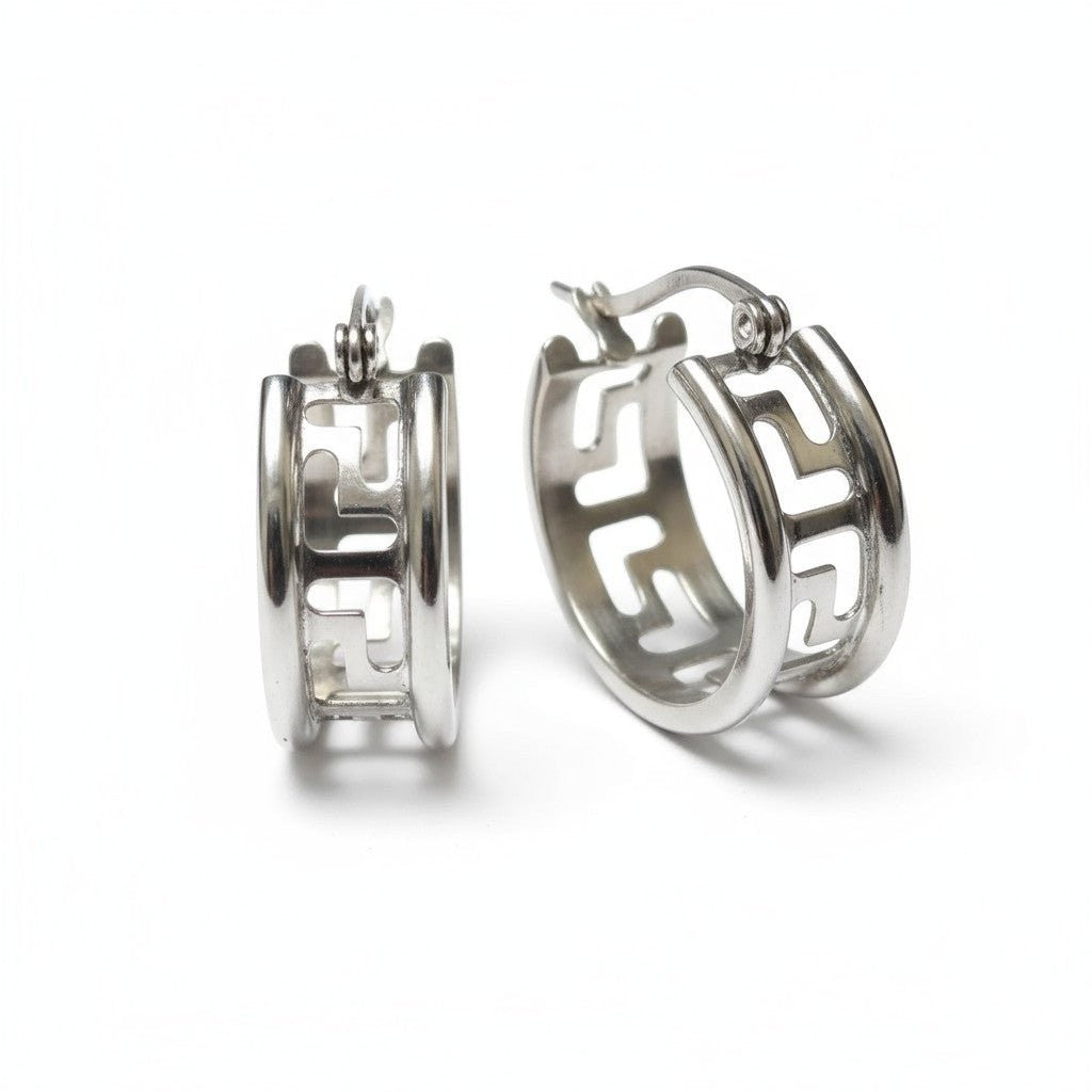 Aramat Jewels silver-tone stainless steel hoop earrings with Greek key pattern, 20mm diameter.