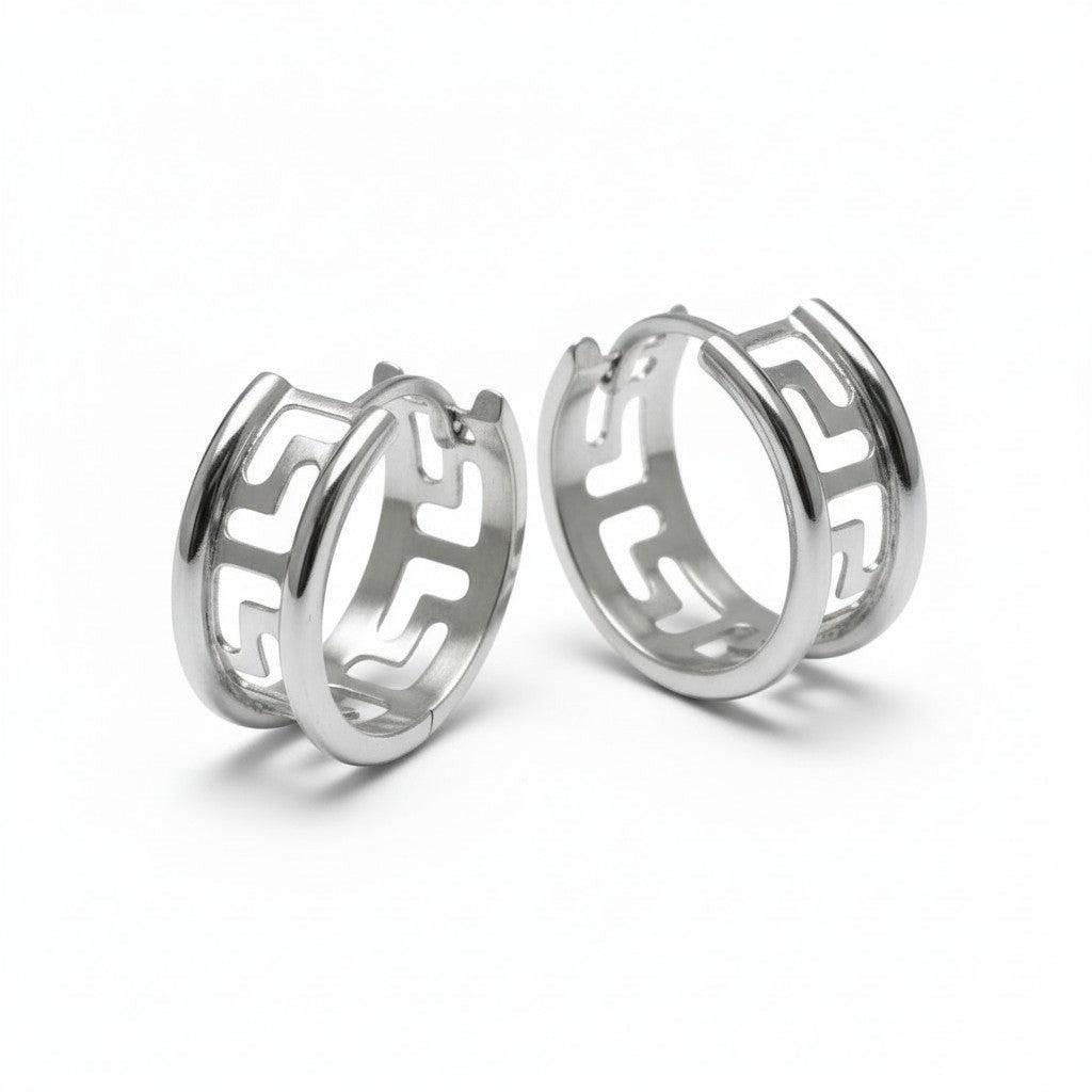 Aramat Jewels silver-tone stainless steel hoop earrings with a Greek key pattern, 20mm diameter.