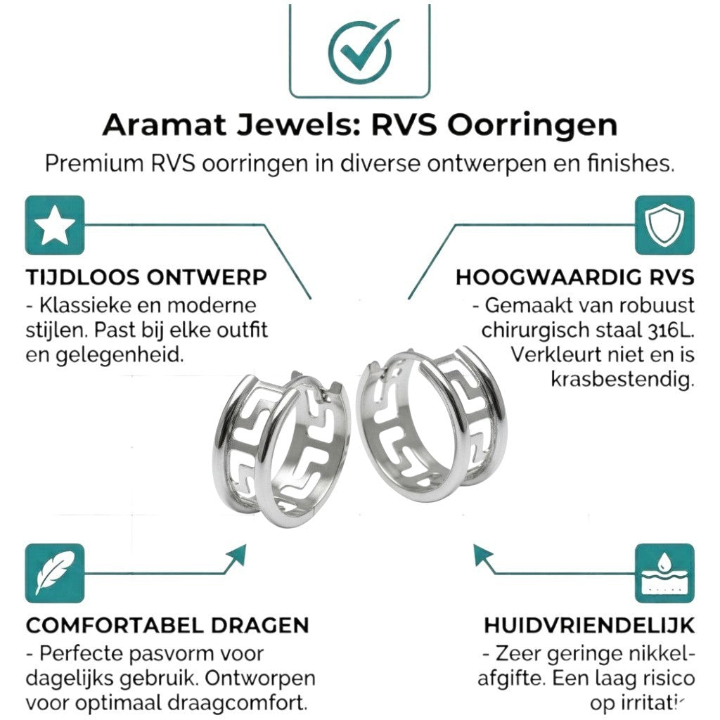 Aramat Jewels silver-tone stainless steel hoop earrings with a Greek key pattern, 20mm diameter.