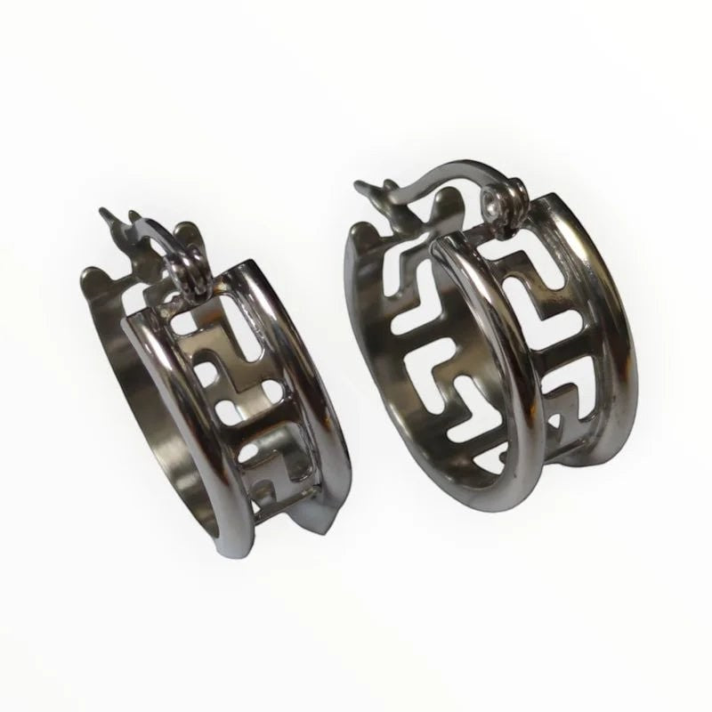 Aramat Jewels silver-tone stainless steel hoop earrings with a Greek key design, 20mm diameter.