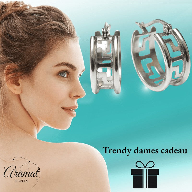 Aramat Jewels silver-tone stainless steel hoop earrings with Greek key motif, 20mm diameter.