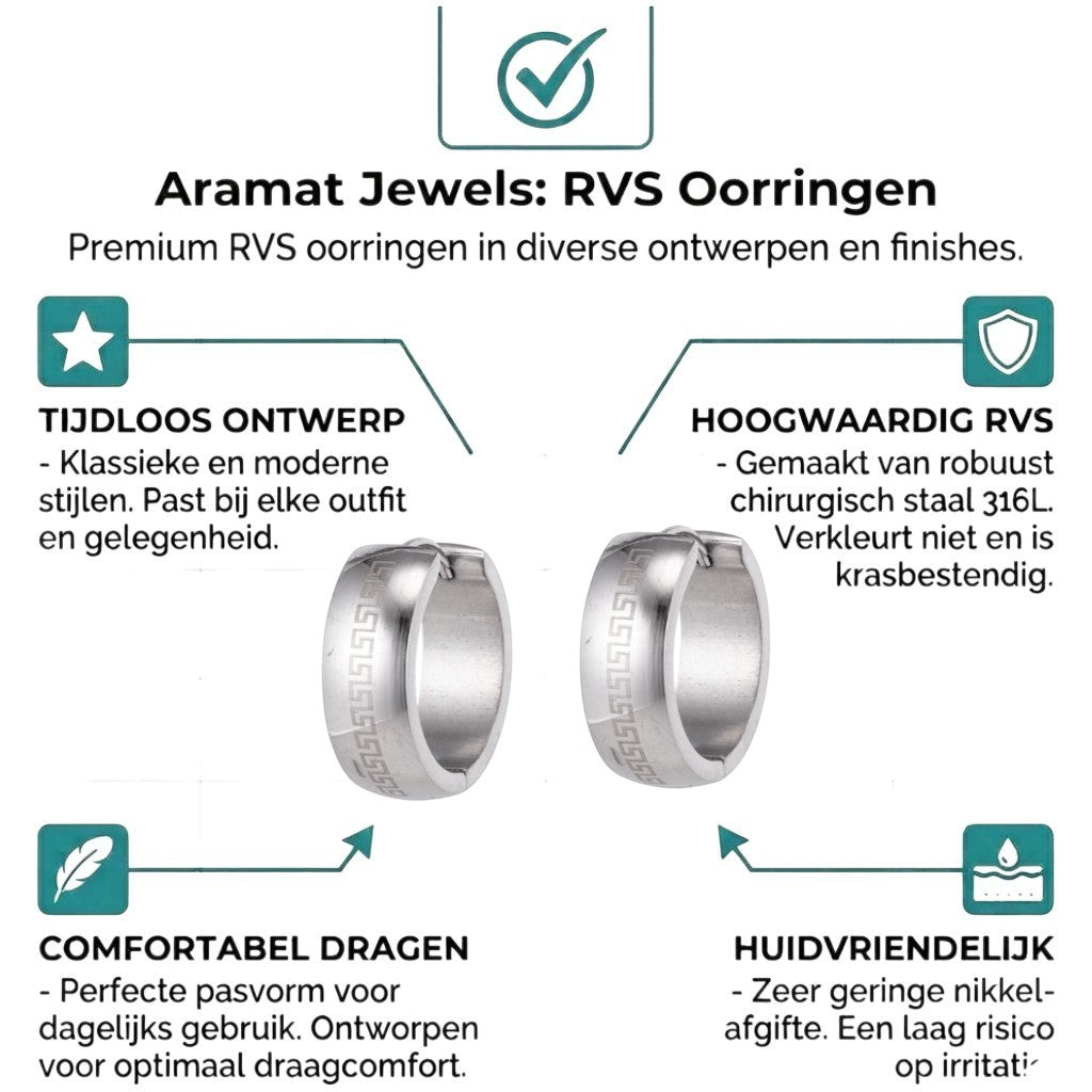 Aramat Jewels silver-tone stainless steel hoop earrings with engraved Greek key pattern, 13mm diameter.