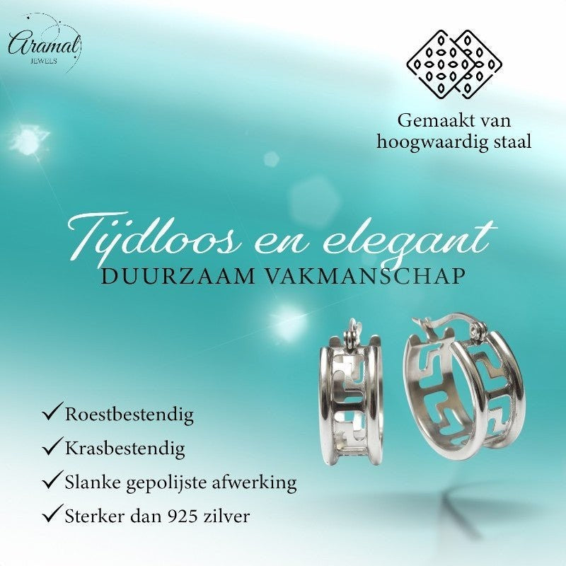 Aramat Jewels silver-tone stainless steel hoop earrings with Greek motif, 20mm diameter, polished finish.