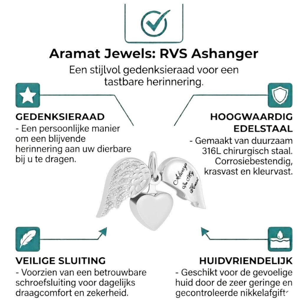 Aramat Jewels silver-tone stainless steel heart-shaped ash pendant with movable angel wings, 25x20mm.