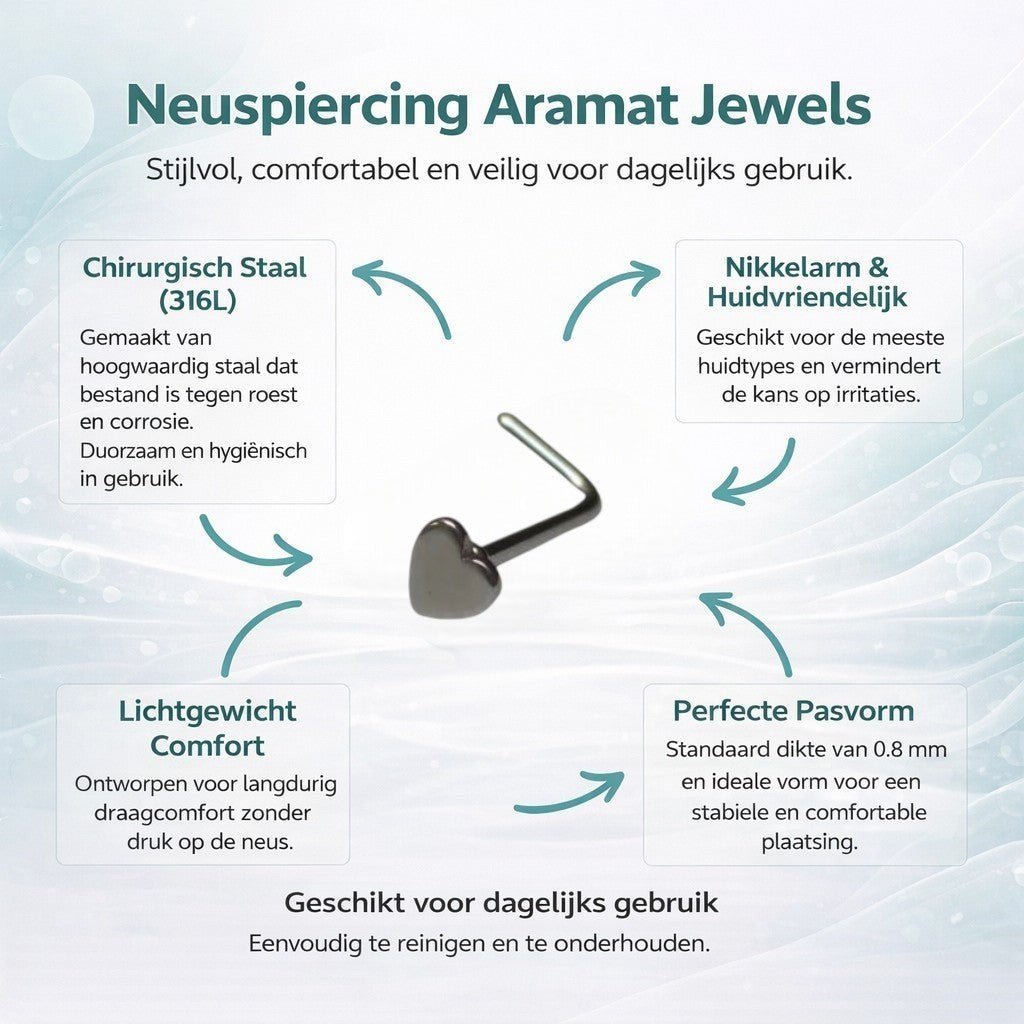 Aramat Jewels silver-tone steel L-shaped nose piercing with a small 2mm heart charm.