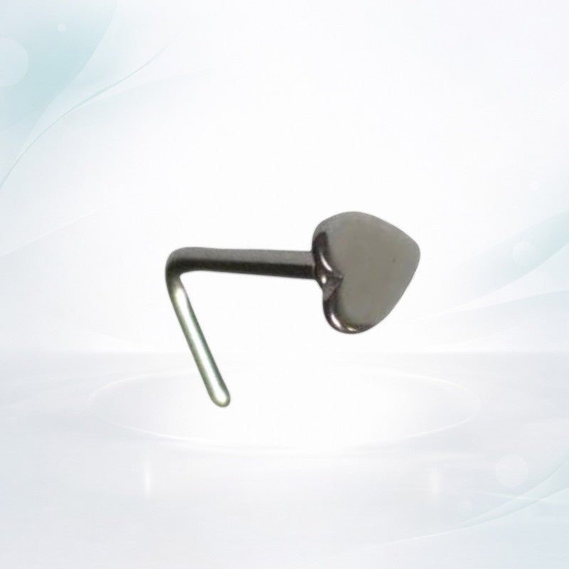 Aramat Jewels silver-tone steel L-shaped nose piercing with a small 2mm heart charm.