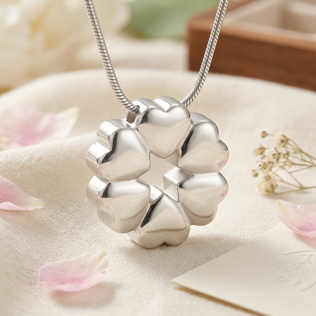 Aramat Jewels silver stainless steel round cremation pendant with heart details, 20x20mm, water-resistant for daily wear.