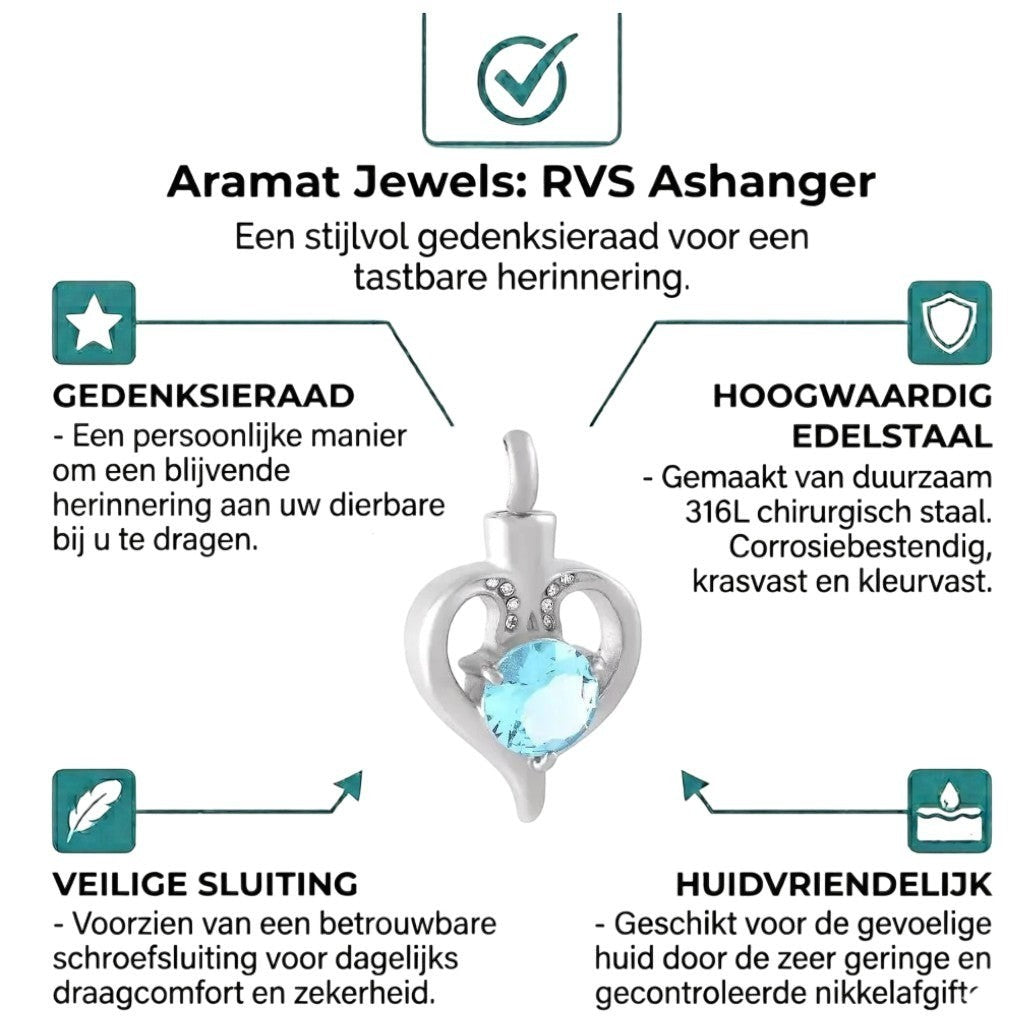 Aramat Jewels silver-tone stainless steel heart-shaped cremation urn pendant with a blue zirconia and small clear crystals.