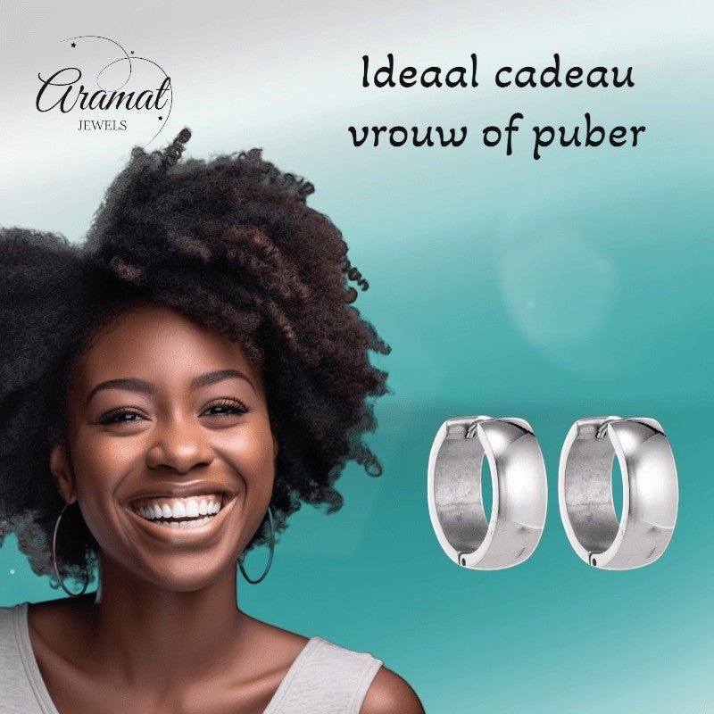Aramat Jewels silver-coloured stainless steel hoop earrings, 13mm diameter, simple and timeless design.