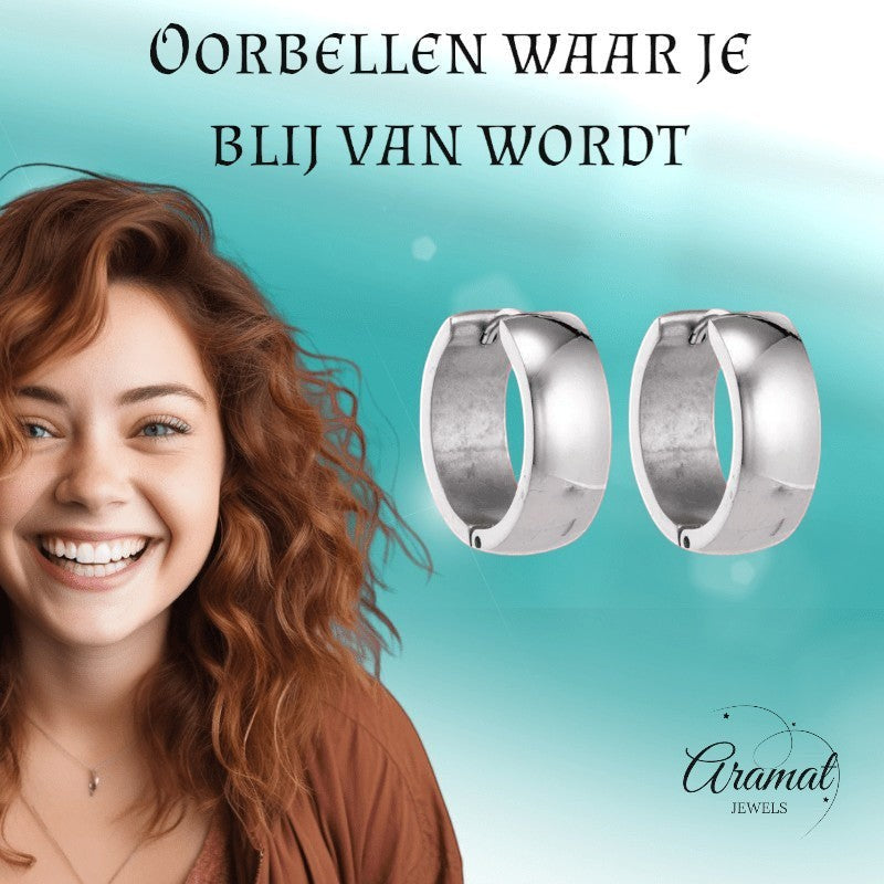 Aramat Jewels silver-colored stainless steel hoop earrings, 13mm diameter, simple and timeless design for everyday wear.