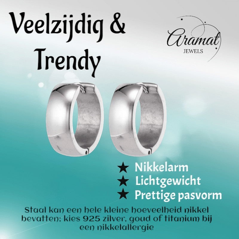 Aramat Jewels silver-colored stainless steel hoop earrings, 13mm diameter, simple creole design, unisex.