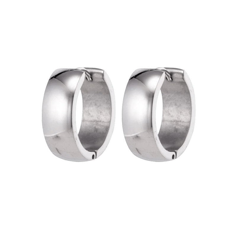 Aramat Jewels silver-coloured stainless steel hoop earrings, 13mm diameter, simple creole design, unisex.