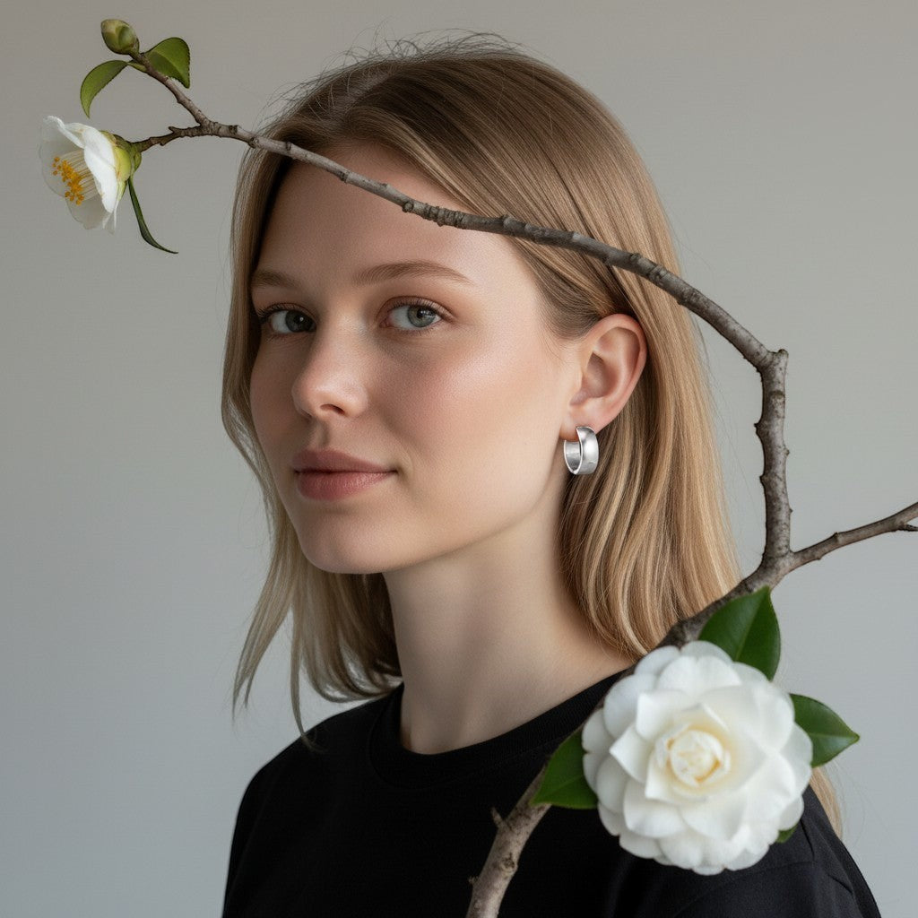 Aramat Jewels silver-coloured stainless steel hoop earrings, 13mm diameter, worn by a blonde woman with a black shirt.