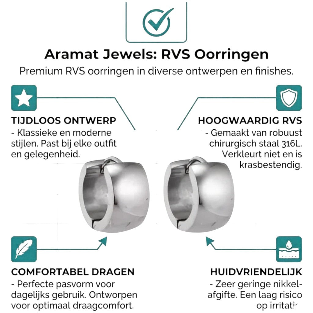 Aramat Jewels small silver-colored stainless steel hoop earrings, 13mm diameter, 7mm width, polished finish.