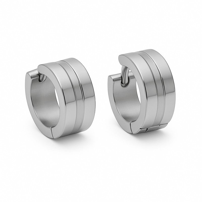 Aramat Jewels silver-tone stainless steel huggie hoop earrings with triple stripe accent, 13x7mm.