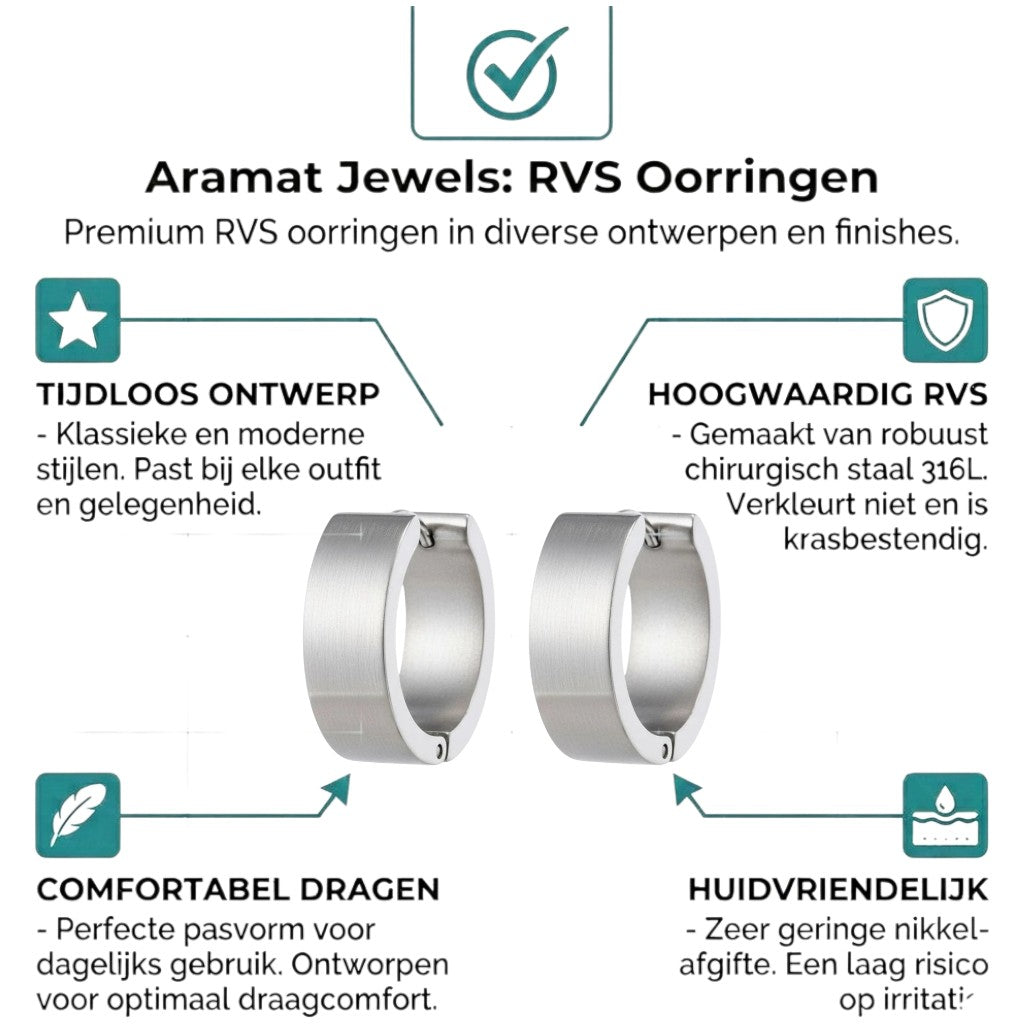 Aramat Jewels silver-colored stainless steel hoop earrings, 20mm diameter, 7mm wide, with a smooth, high-gloss finish.